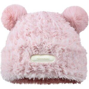 Women's Pink Furry Beanie with Pom Pom Winter Warm Knitted Hat Bear Costume